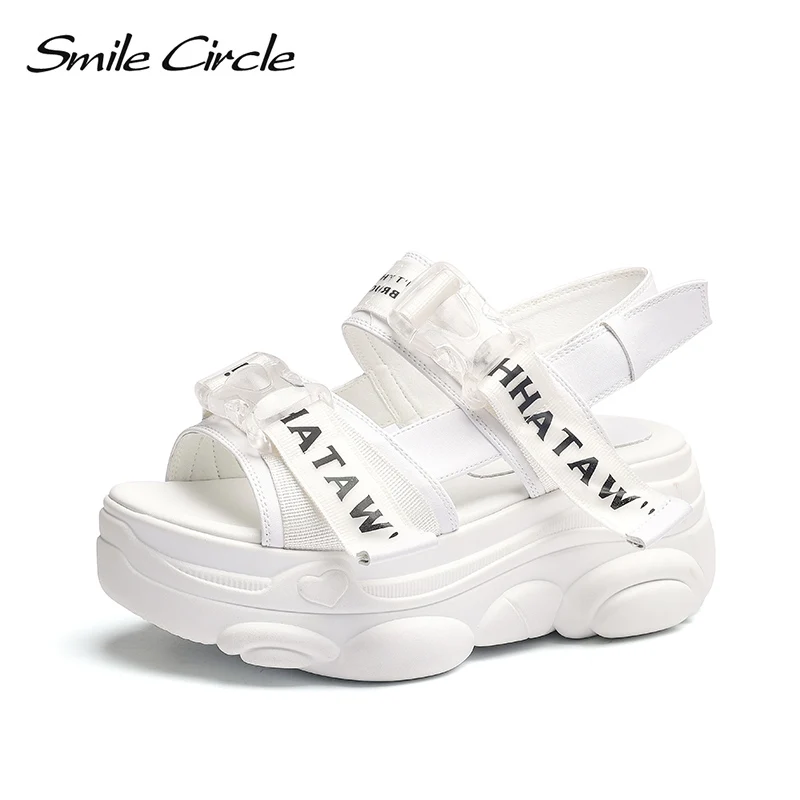 Smile Circle chunky sandals women fashion Ribbon Thick bottom Flat platform sandals women summer Shoes