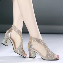 Модные женские босоножки г. Блестящие летние женские туфли на высоком квадратном каблуке 7 см со стразами свадебные туфли кожаные сандалии m637
