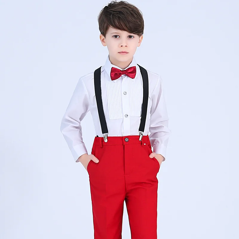 Свадебный костюм для мальчиков, детское Формальное студенческое платье принца, рубашка на лямках для джентльменов, штаны с бантом, 4 предмета, костюмы для церемонии - Цвет: Red 4Pcs