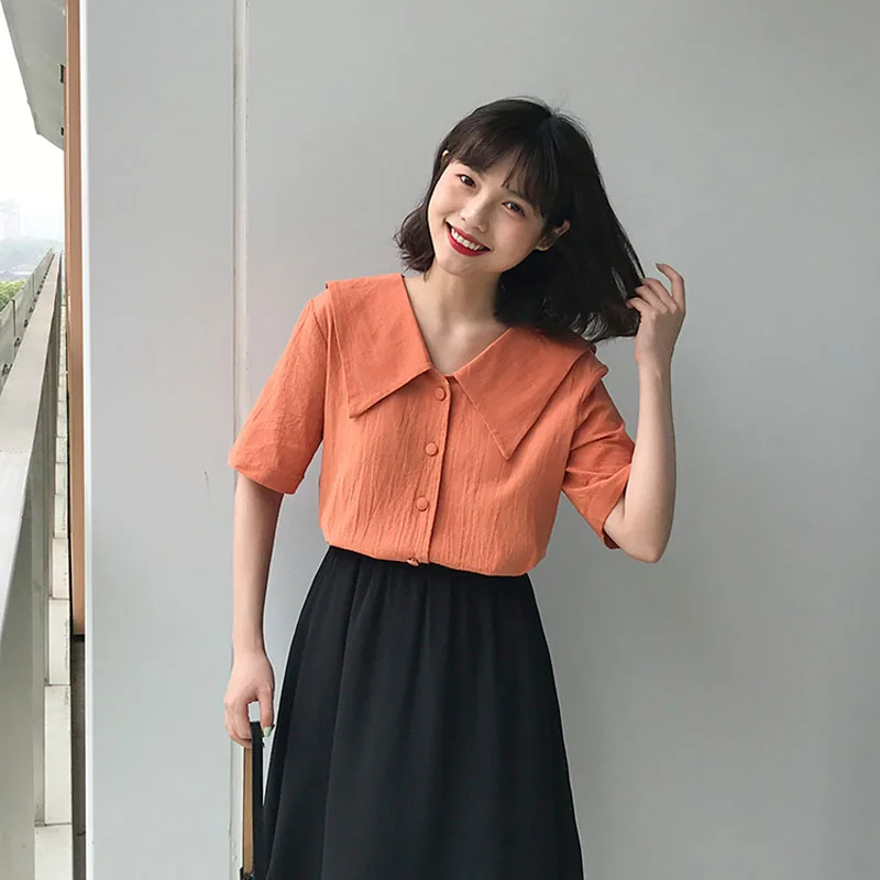  2019 New Korean Preppy Style Turn-down Collar Short Sleeve Shirt Women Summer Small Fresh Blouse Wo