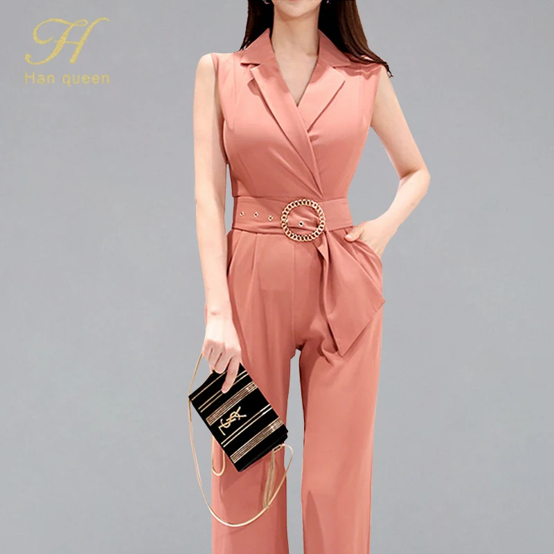 

H Han Queen Solid Color Belted Sashes Jumpsuits Women Summer OL Notched Neck Rmpers Business Formal Work Wear Playsuits 2019 New