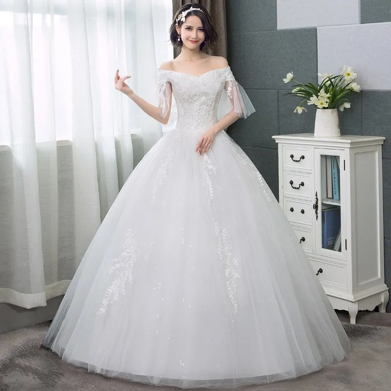 Vestidos De Novia, элегантные свадебные платья с бисером, v-образный вырез, с открытыми плечами, с аппликацией, бальное платье, белые свадебные платья из фатина, Jurk Lang - Цвет: White