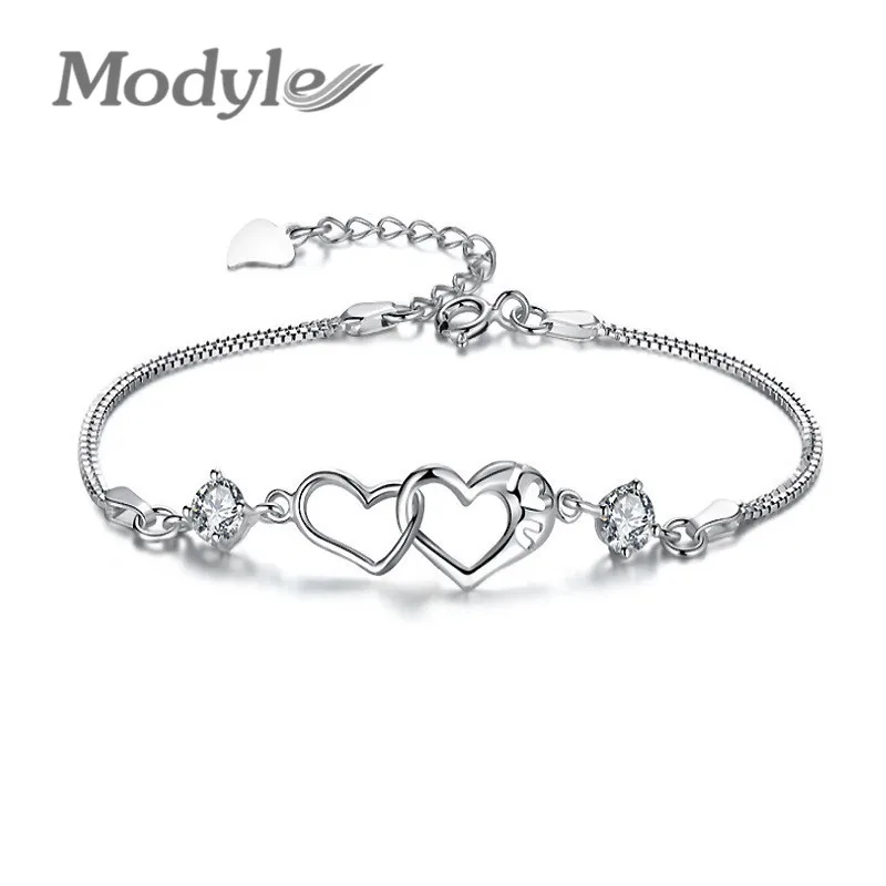 

YOBEST 2018 New Fashion bracelets & bangles Sliver Color Shiny Rhinestone Double Zircon Heart charm bracelets for women