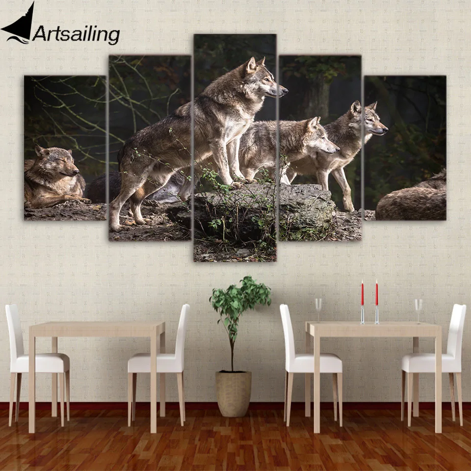 

5 piece canvas painting wolf group hunting HD posters and prints canvas painting for living room free shipping/XA-1843A