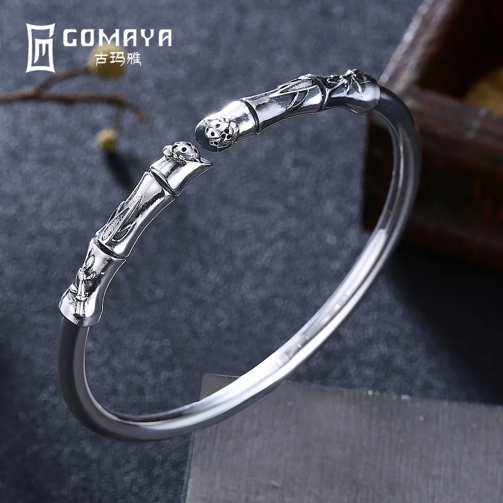 

GOMAYA 100% 999 Sterling Silver Plant Bamboo Bangles Bracelets Antique Fine Jewelry Gift for Women Charm Elegant Bracelet