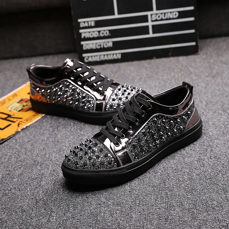 new arrival mens fashion party nightclub wear soft leather rivets shoes flats platform sneakers lace-up black silver shoe zapato new arrival mens fashion party nightclub wear soft leather rivets shoes flats platform sneakers lace-up black silver shoe zapato