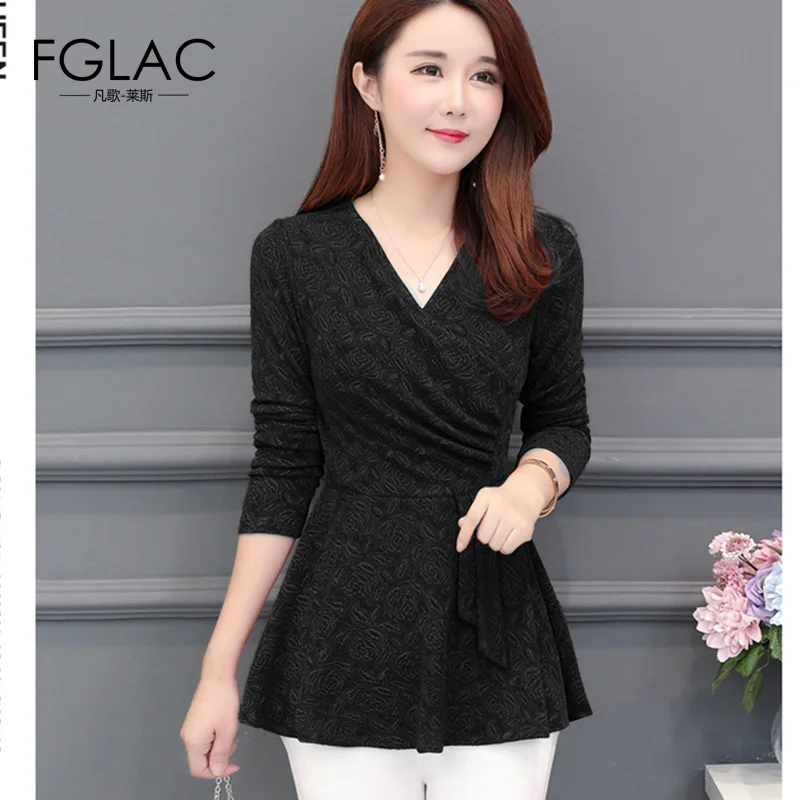 FGLAC, женская блузка, новая мода, повседневная, длинный рукав, v-образный вырез, осенняя рубашка, элегантная, тонкая, высокая талия, с оборками, блузка размера плюс, рубашка - Цвет: Черный