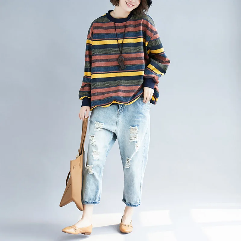 Хлопковая женская Футболка Harajuku размера плюс, Корейская полосатая футболка с длинным рукавом, Женская Повседневная Свободная футболка, 4XL 5XL 6XL - Цвет: striped