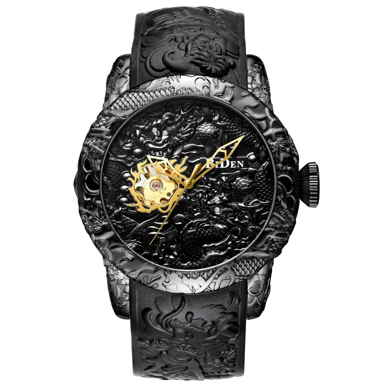 Модные Лидирующий бренд Мужские автоматические часы золотой дракон 3D Скульптура Дизайн Роскошные мужские часы стимпанк механические наручные часы relogio - Цвет: Black