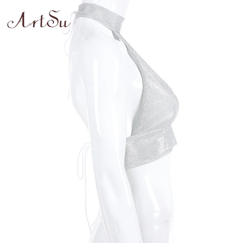 ArtSu серебристый блестящий топ с лямкой на шее, топы без рукавов с глубоким v-образным вырезом, сексуальные топы для женщин, Клубная одежда с открытой спиной в стиле панк, Cami ASVE20450