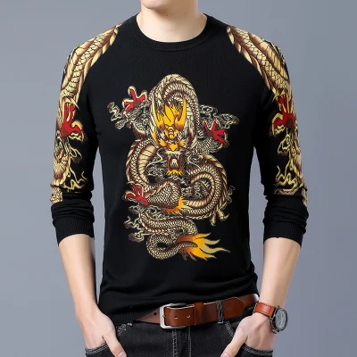 Осень китайский стиль молодых мужчин печатных тонкий круглый воротник свободный свитер