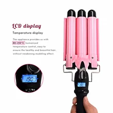Профессиональные волна щипцы для завивки Тонг Розовый Конус руководитель Керамика трехместные щипцы для завивки Большая волна Три ствола ЖК-дисплей волос бигуди 25 мм Styler