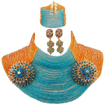 

Fashion 25 Layers Gold AB Lake Blue African Necklace Jewelry Set Nigerian Wedding Beads Crystal Beaded Party Jewelry Sets 25R12