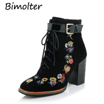 

Bimolter Women Luxury Ethnic Style Embroidery Flower Ankle Boots Winter Warm Elegant Lace-Up Buckle High Heels Boots LAEA049