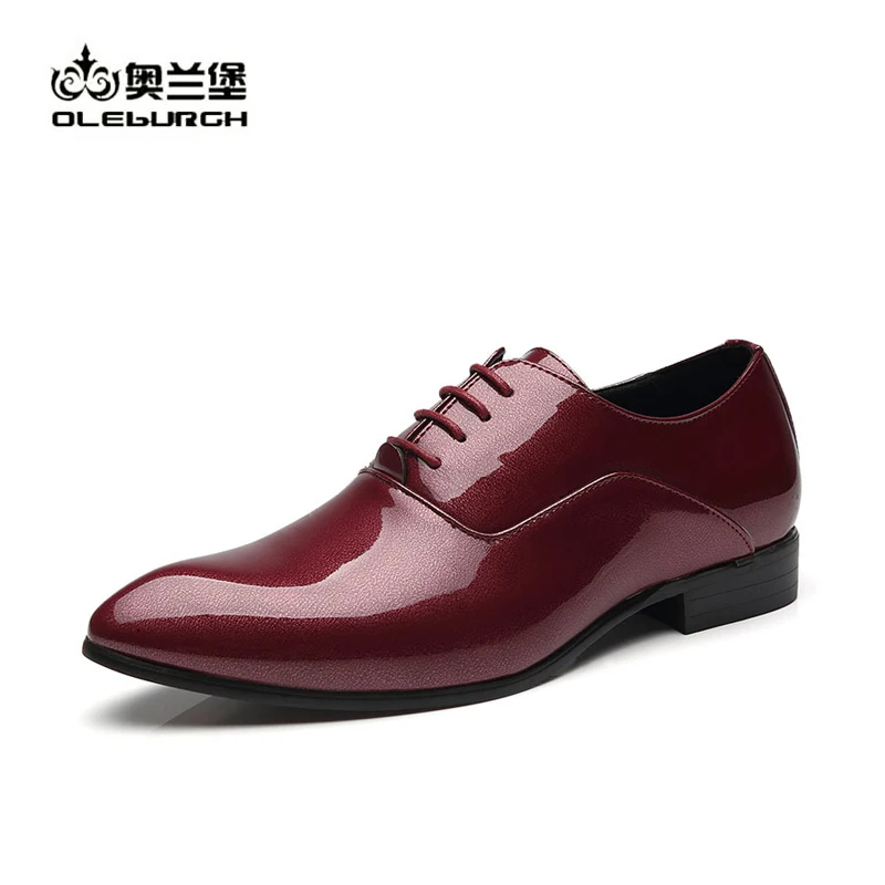 OLEBURGH Brand Luxury Pointed Toe Men Patent Leather Dress Shoes Red