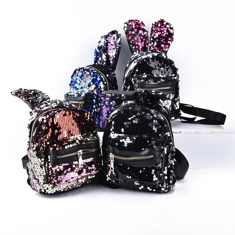 1PCS Mochila Shoulderbag Shinning Bling Sequins Cute Big Rabbit Ears Backpack For Teenager Girls Women Mini Travel Bag Escolar