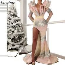 Мода Арабский блесток Русалка Вечерние платья Формальные с длинным рукавом v-образным вырезом сексуальные Специальные Вечерние Выпускные вечерние платья Сторона Сплит