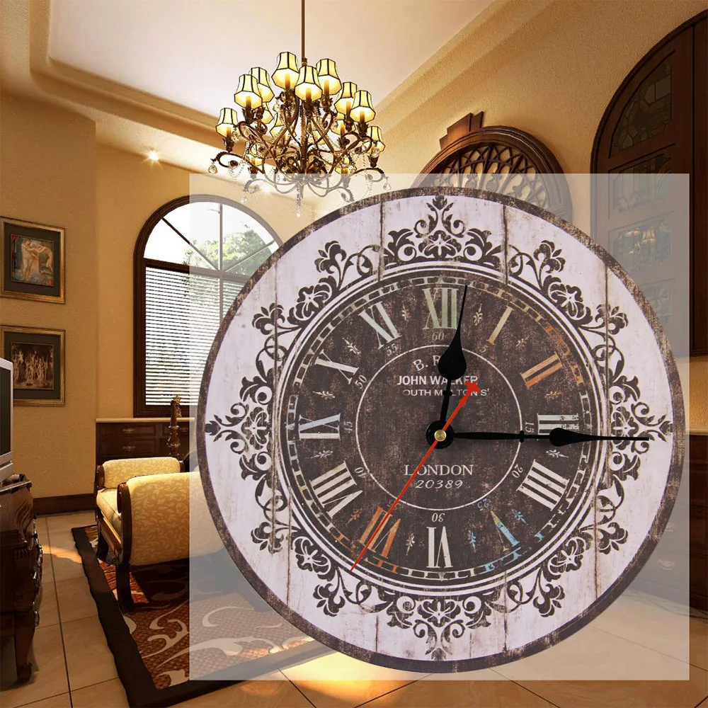 Wall Clock Silent Retro Wooden Decorative Round Wall Hours Antique ...