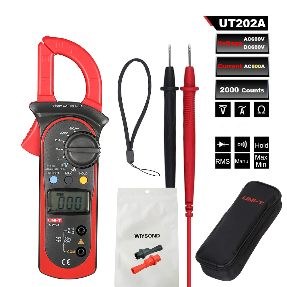 

M076 UNI-T UT202A Data Hold 600A DC/AC Voltage Current Resistance Digital Clamp Meter multimeter amperimetrica diagnostic+ CLIP