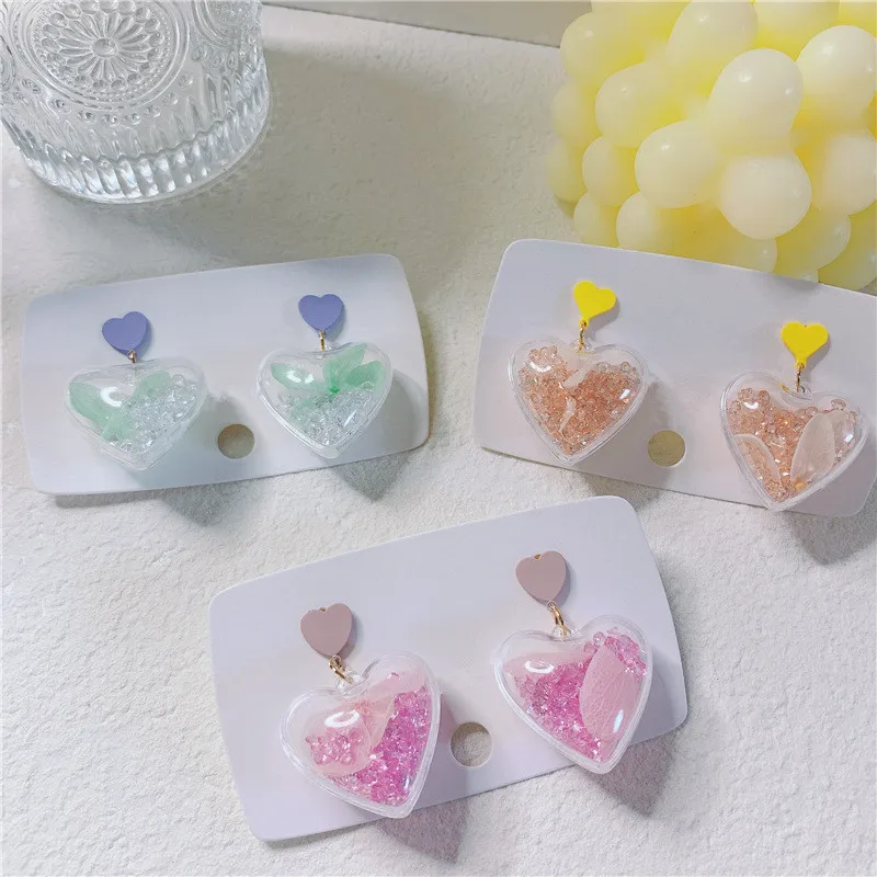 

2019 New Korean Style Cute Sweety Heart Shaped Drop Earrings Transparent Shiny Crystal Flower Earrings for Women GIrls Jewelry