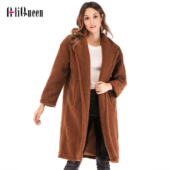 

High Quality Runway Women Woollen Coat 2019 Warm Outwerwear Faux Lambswool Long Sleeve Lapel Collar Loose Thick Woollen Coat