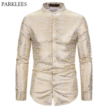 

Men's Snake Pattern 3D Shiny Gold Print Nightclub Shirt Slim Fit Long Sleeve Mens Dress Shirts Party Stage Prom Men Social Shirt