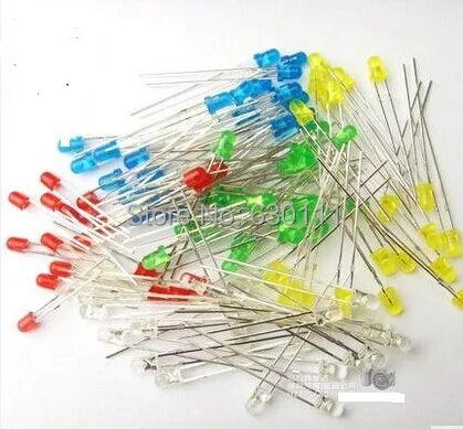 

5 Colors x100pcs =500pcs Bright (White/Blue/Green/Yellow/Red) LED Diode 3mm LED Light Lamp
