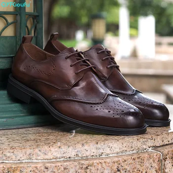 

QYFCIOUFU Handmade Brogue Men Flat Genuine Leather Men Oxfords High Quality Lace-Up Business Men Shoes Vintage Men Dress Shoes