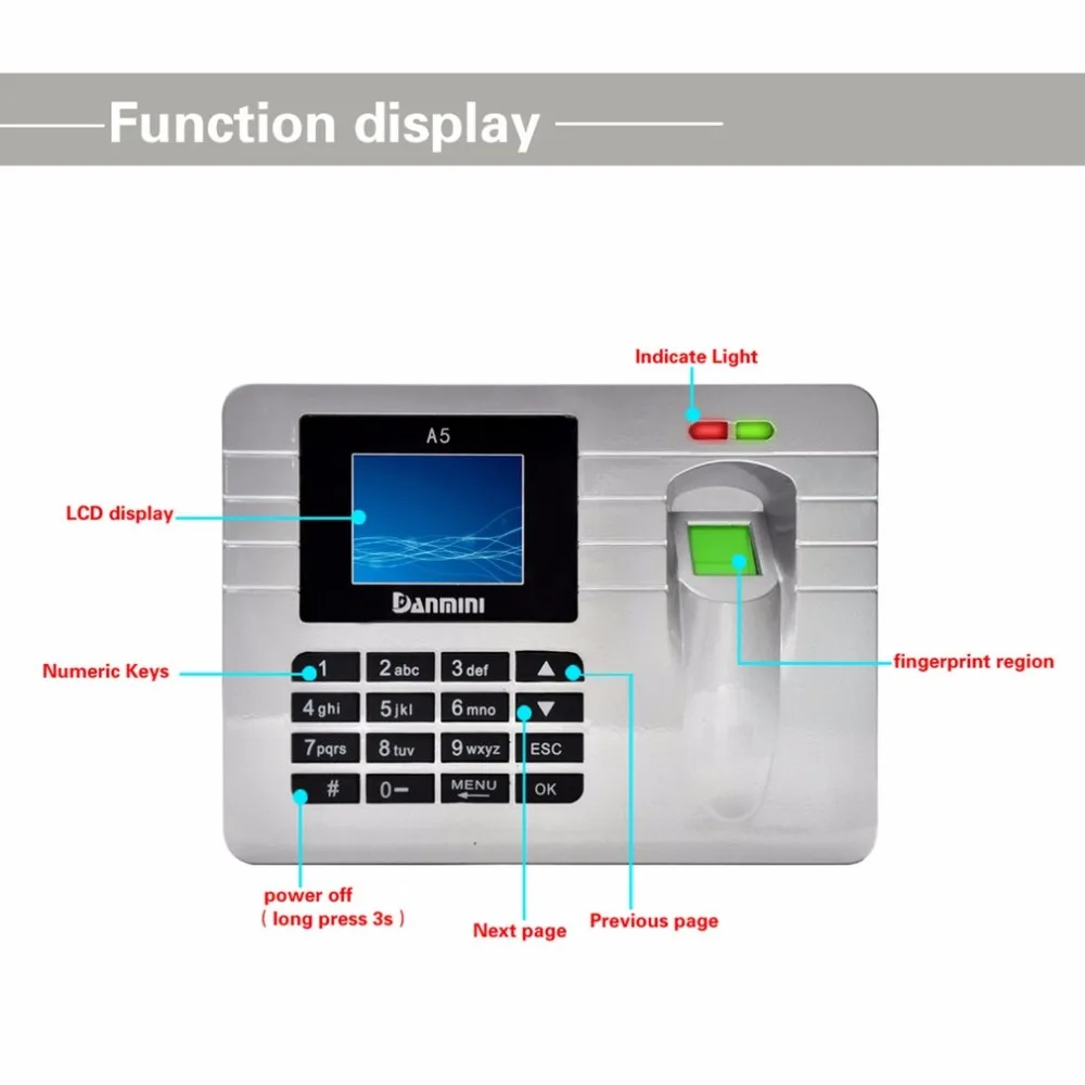 DANMINI A5 датчик отпечатков пальцев работник посещаемость машина Время часы рекордер 2,4 дюймов TFT цветной экран отпечатков пальцев Дверной замок
