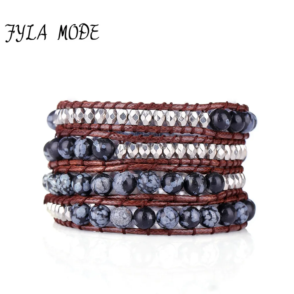 

Fyla Mode Hot Sell 4 Layers Snowflake Striped Agate Bangle Fashion Winter Charm Leather Bracelet Women Party Jewelry