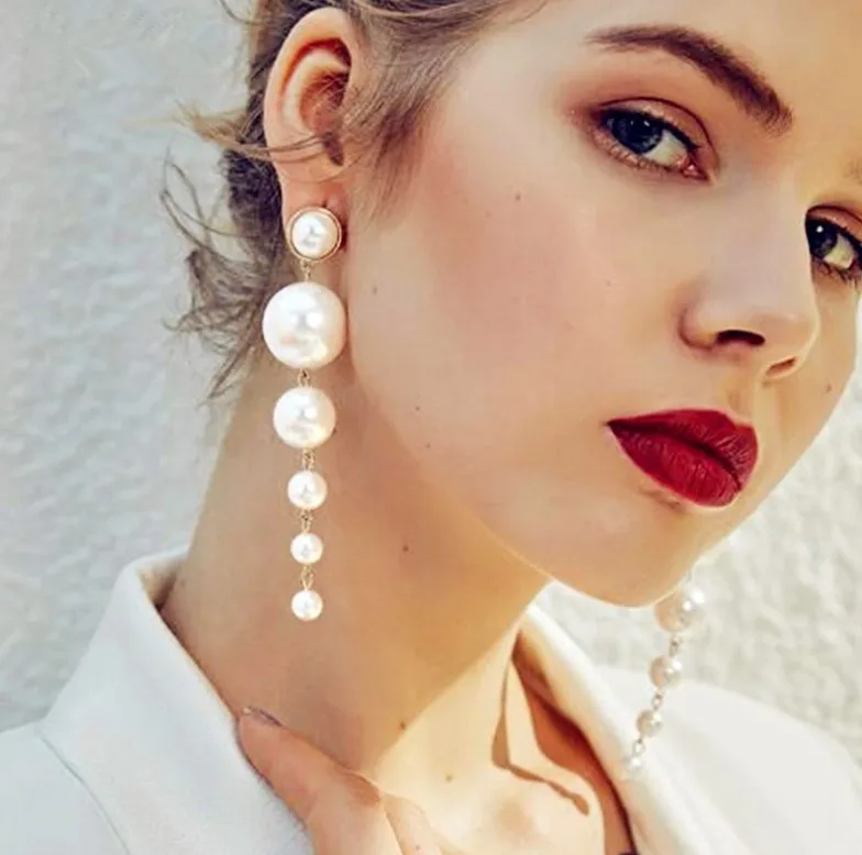 

Free shipping Trendy Elegant Created Big Simulated Pearl Long Earrings Pearls String Statement Earrings For Wedding Party Gift