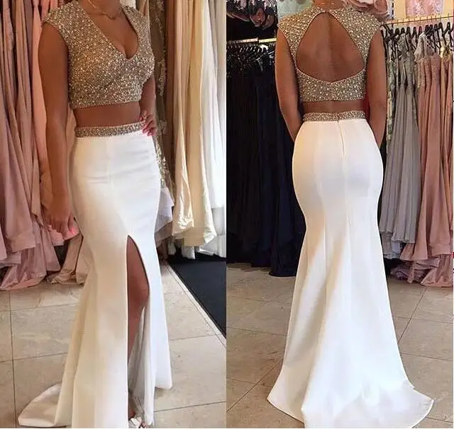 

2017 White Beaded V-Neck Two Pieces Evening dresses Plus Size Backless Mremaid Prom Dress Vestido de noche Robe de soiree longue