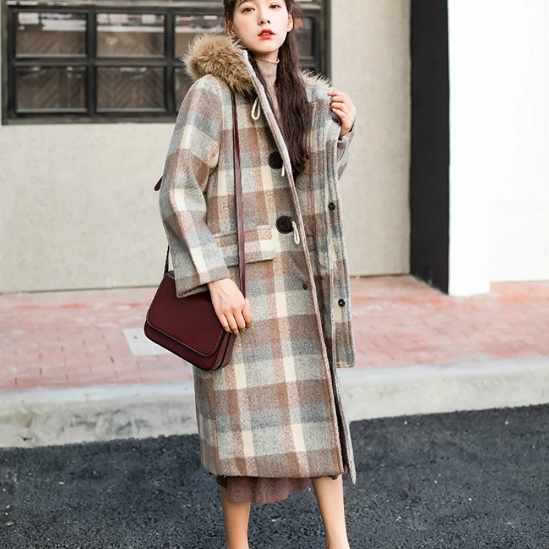 

Women Long Woolen Coat 2018 Autumn and Winter Plaid Overcoat Plus Size