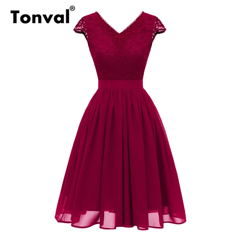 

Tonval Vintage V Neck Floral Lace Summer Dress Cap Sleeve Chiffon Pleated Women Dresses Backless Elegant Party Dress