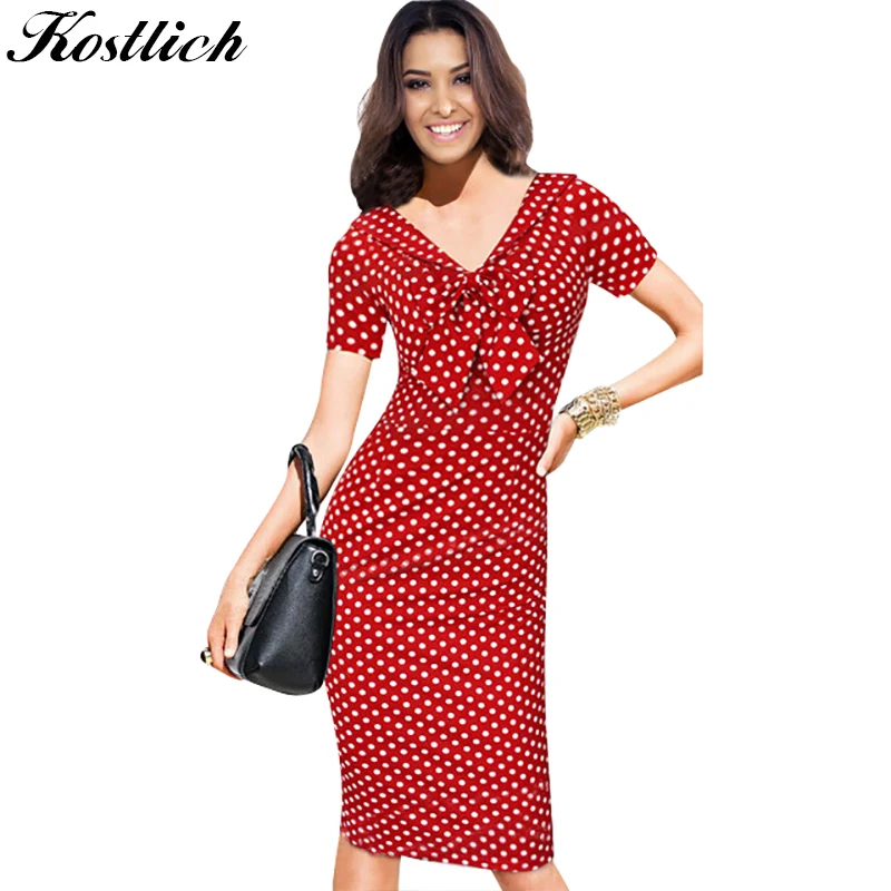 Kostlich V Neck With Bow Knot Dot Pencil Dress Short Sleeves Women Summer Bodycone Party Dresses Casual Sundress | Женская одежда