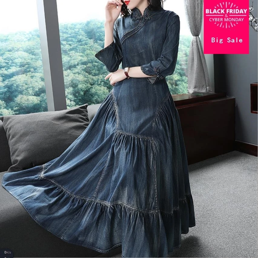 Wq446 Mode Picture 2018 Bonne Rétro Qualité Plus De Robes Mince Automne Denim Coton Couture Femelle 100 Robe Ruches Marque wUxCpTqU
