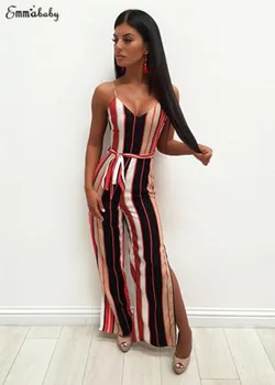 

Jumpsuit sleeveless striped casual polyester Romper one pieces Trendy Women Ladies Summer Bodycon V-neck