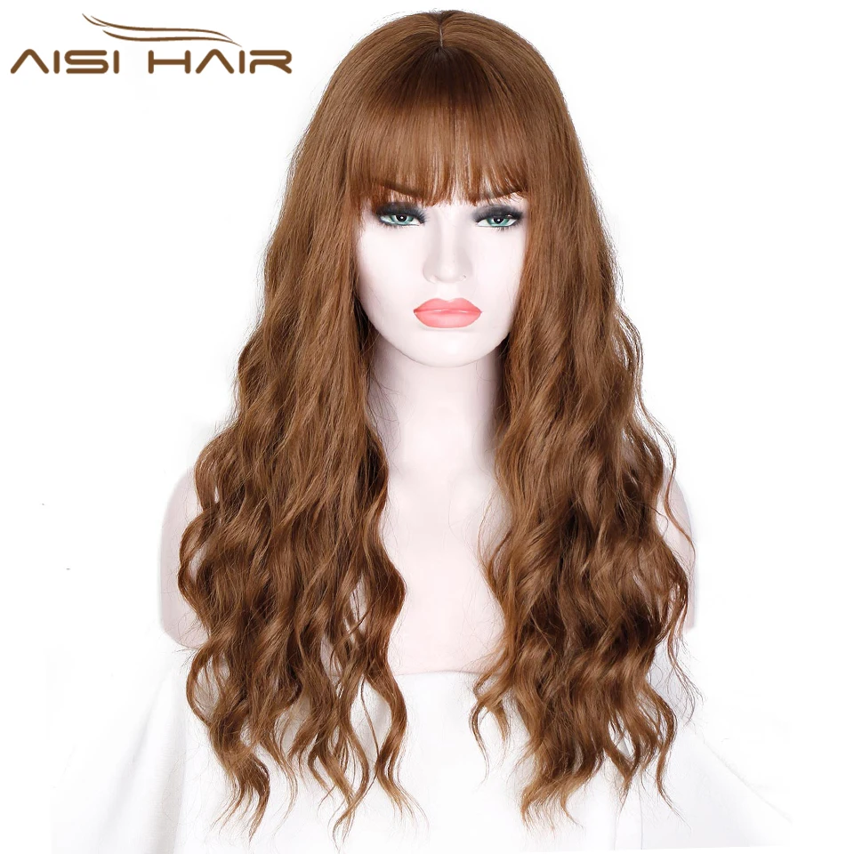 Buy Long Mix Brown Womens Wigs with Bangs Water Wave Heat Resistant Synthetic Wigs for Women African American