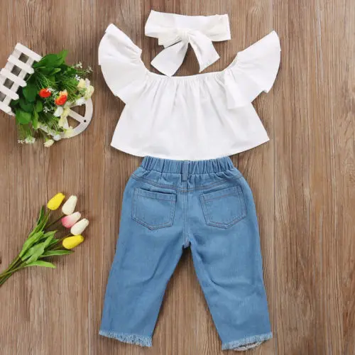 Комплект из 3 предметов детская одежда для маленьких девочек Летняя Мода Vogue Прохладный полая бабочка футболка с длинными рукавами Топы+ джинсовые штаны+ комплект с ободком
