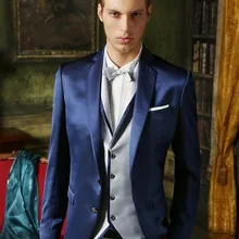 Портной Темно-Синий Атлас Красивый смокинг для жениха Slim Fit 3 шт мужские свадебные Выпускные вечерние костюмы(куртка+ брюки+ жилет) terno