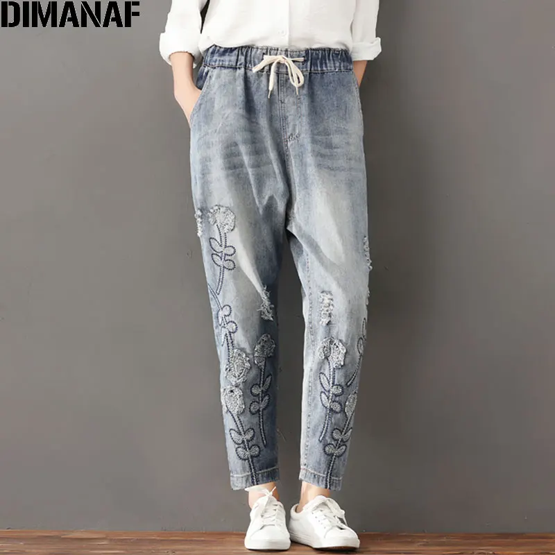 DIMANAF Plus Size Women Jeans Autumn Hole Harem Pants Floral Elastic Waist Show Thin Vintage Capris Pants Blue New Jeans