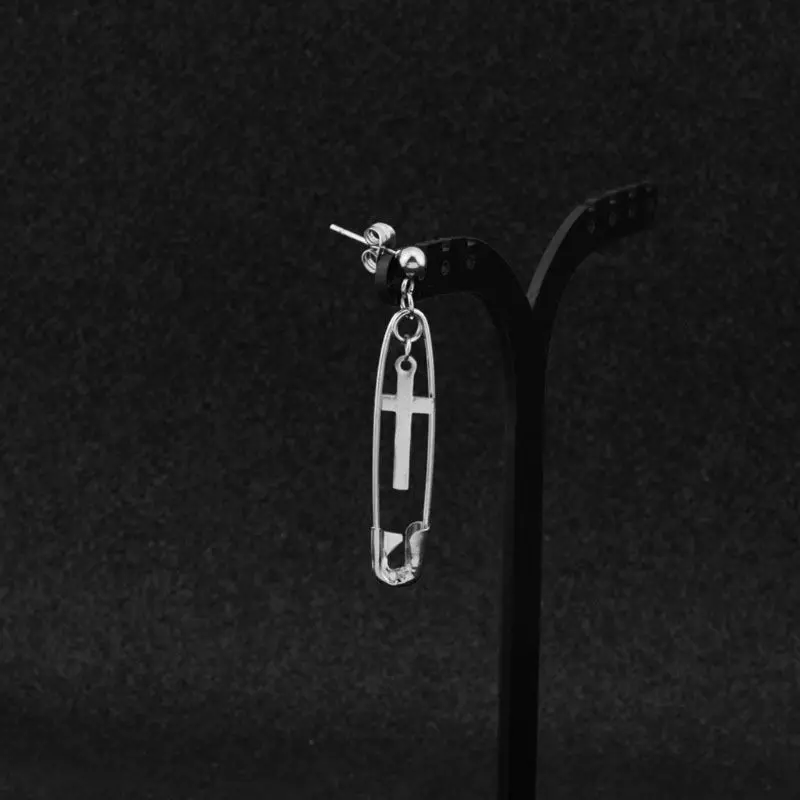 

Korean Jewelry KPOP Titanium Steel Safety Pin Cross Dangle Drop Earrings Unisex