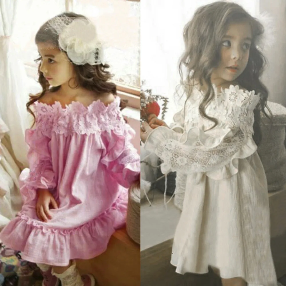 

New Beautiful Toddler Kids Baby Girl long sleeve Dress Off Shoulder Solid Lace Princess Party Dress Outfit Clothes vestidos ZK