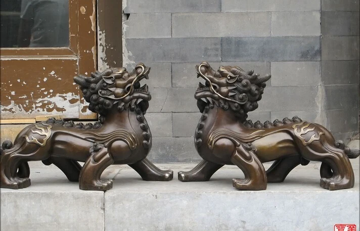 

shitou 002699 19" Feng shui Chinese dragon Bronze FOO DOG FIRE Kirin Kylin PAIR statue discount 30% (C0324)