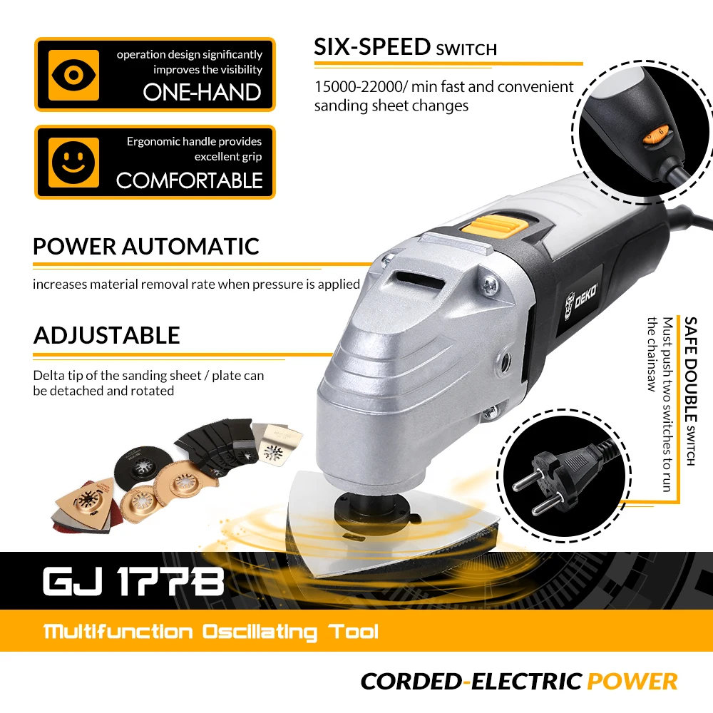 DEKO GJ177 110V/220V Electric Trimmer 6 Speed Electric Multifunction Oscillating Tool Kit Multi-Tool Power Tool Saw Accessories