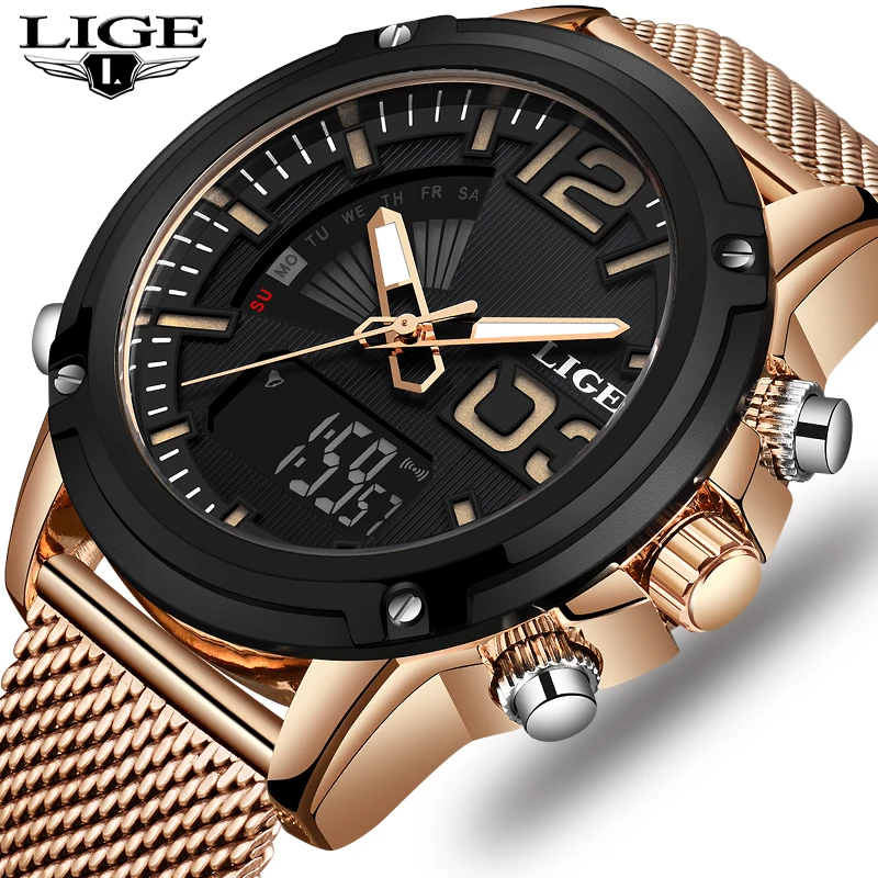 

LIGE New Men Watches Top Brand Luxury Stainless Steel Waterproof Double Display Watch Men Sport Military Watch relogio masculino