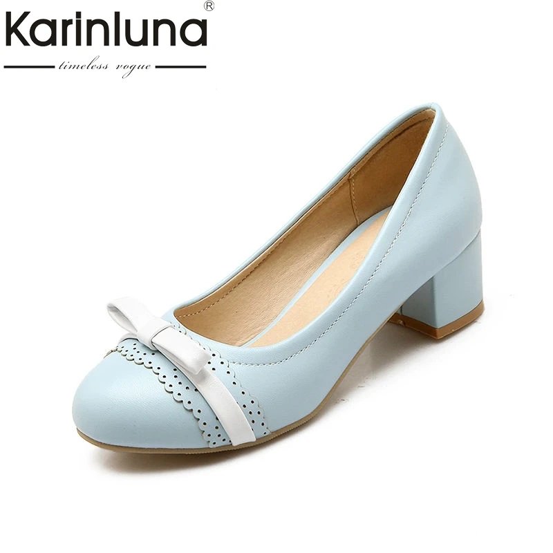 

KarinLuna New Spring Summer Mixed Color Women Pumps Sweet Big Size 32-43 Bow Shallow Shoes Woman slip-on Med Heels Footwear