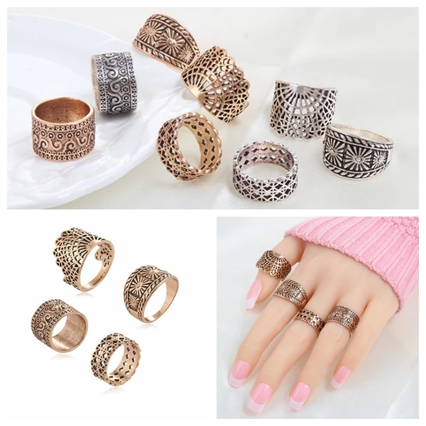 

Yunkingdom New Vintage Ring Set Hollow Design Ancient Antique Gold Color Rings Women Ladies Punk jewelry