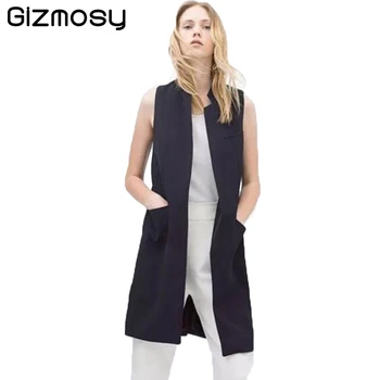 

2019 Vest Appliques Spring Summer Vests Women Cotton Casual Vest Womens The Wind Long Solid Suit Collar Waistcoat SY178