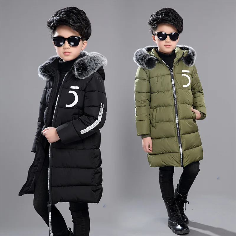 Children Winter Warm Jackets Boys Big Fur Collar Hooded Cotton Jacket Children Casual Thickenging Outerwear Coats